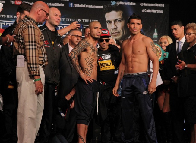 Three-time world champion Miguel Cotto of Puerto Rico and WBC world Middleweight champion Sergio Martinez weigh in (Cotto 155 lbs,  Martinez 158.8 lbs)  Friday for their  eagerly-anticipated World Middleweight Championship.